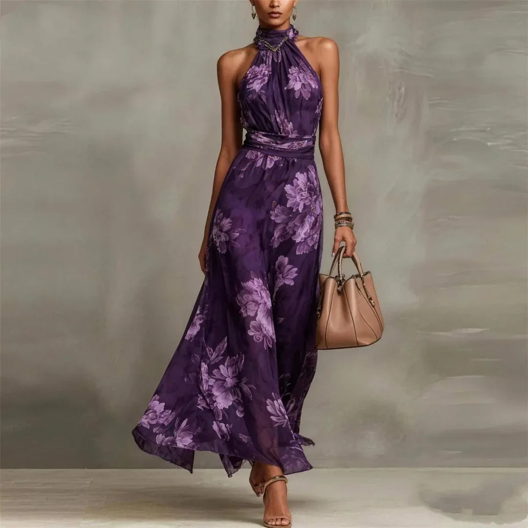Robe longue invitée mariage fleurie dos nu col halter fluide