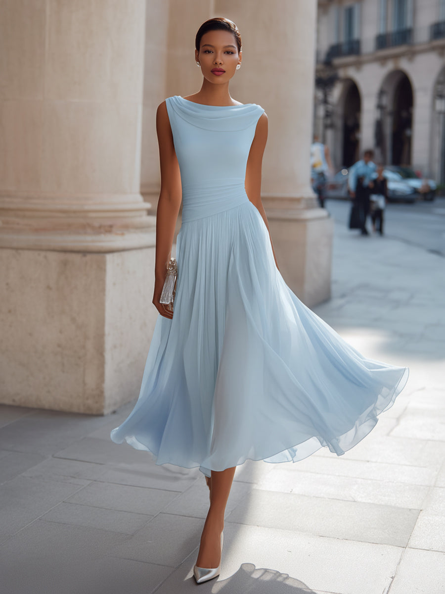 Robe midi invitée mariage plissée col drapé sans manches
