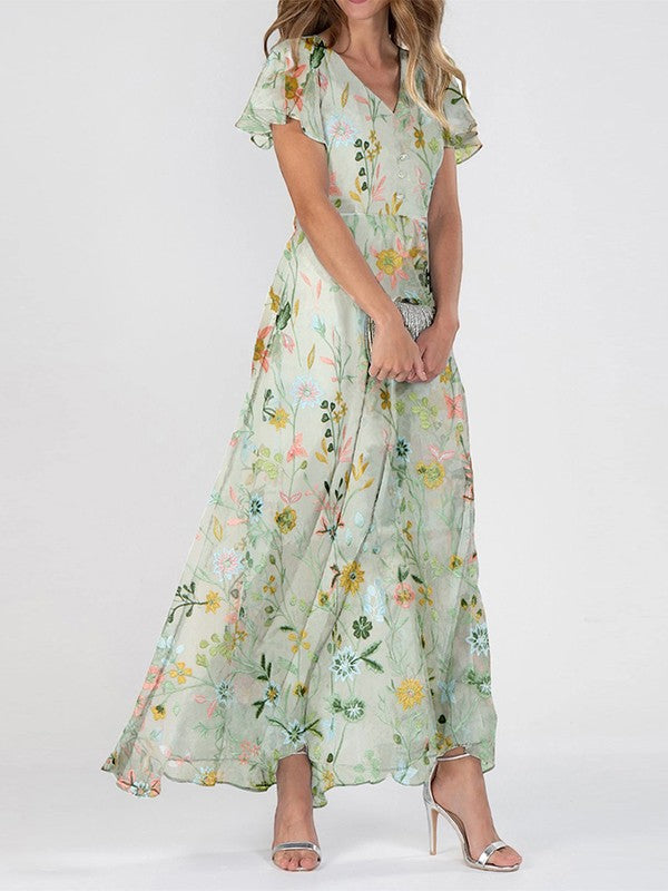 Robe longue femme fleurie col V manches volantées style bohème été