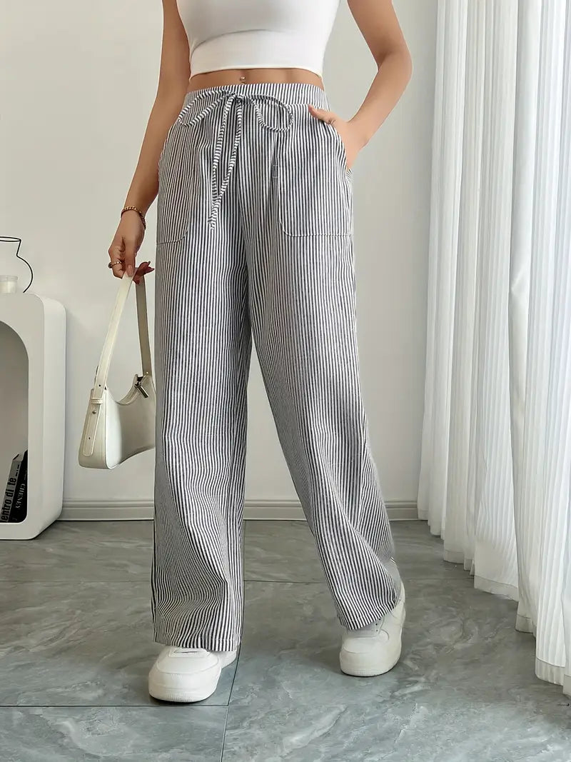 Pantalon large femme imprimé rayures taille élastique cordon poches fluide
