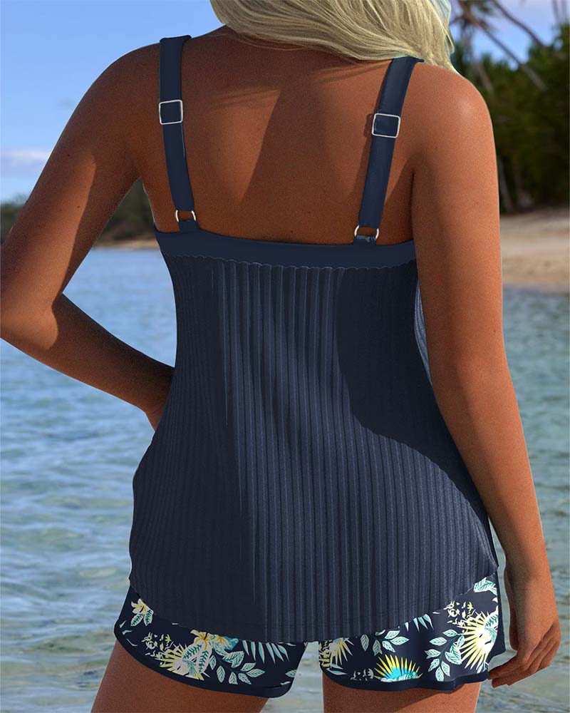 Tankini femme deux pièces débardeur ventre plat shorty imprimé floral grande taille