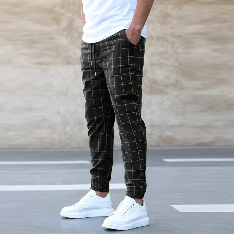 Pantalon homme carreaux taille élastique cordon de serrage coupe slim