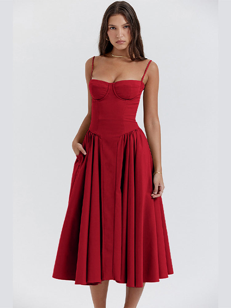 Robe midi femme bustier corset bretelles fines taille cintrée coupe évasée