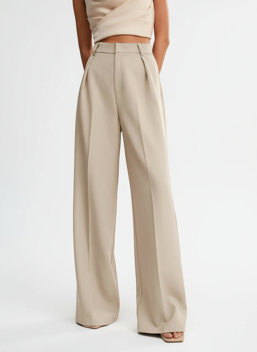 Pantalon large femme taille haute plis avant coupe fluide palazzo