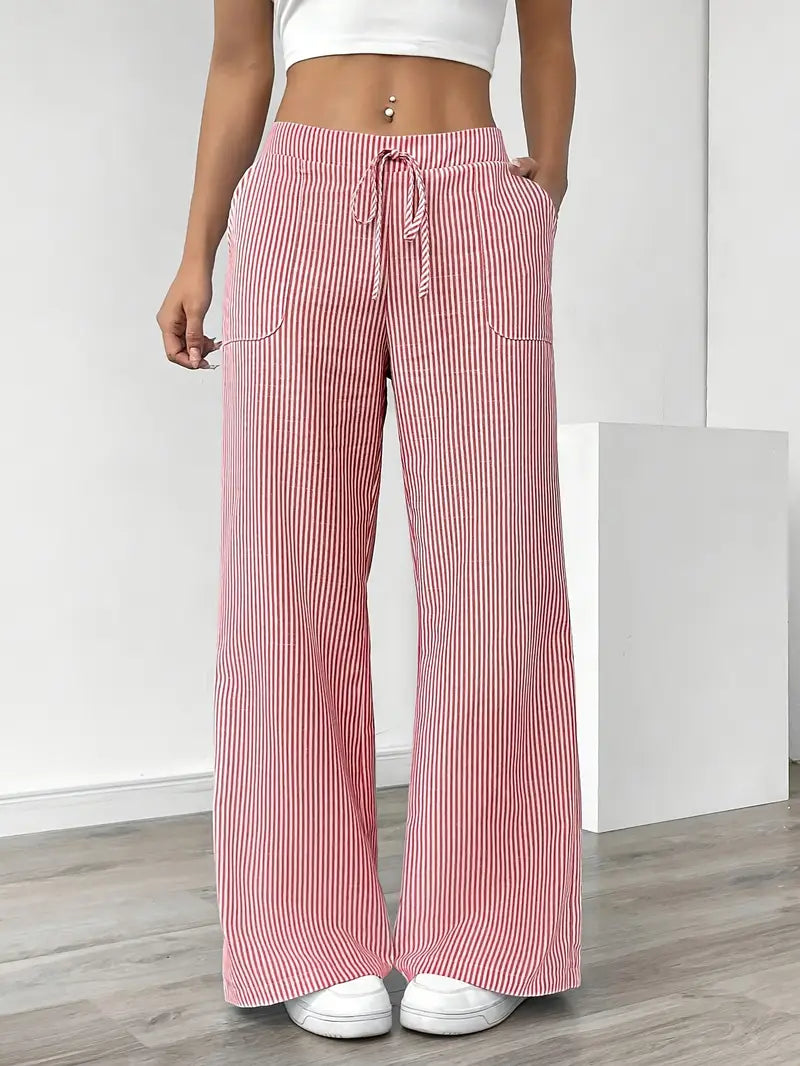 Pantalon large femme imprimé rayures taille élastique cordon poches fluide