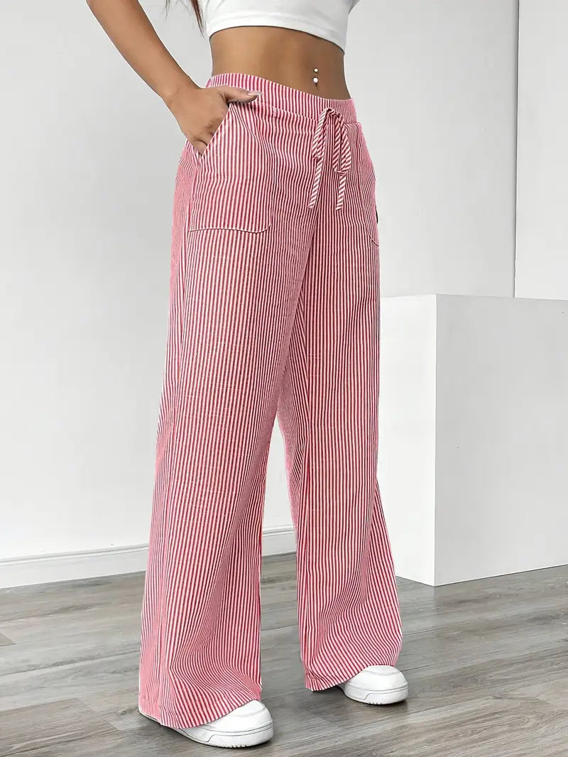 Pantalon large femme imprimé rayures taille élastique cordon poches fluide