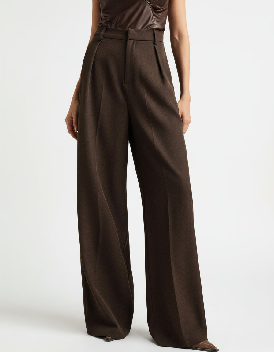 Pantalon large femme taille haute plis avant coupe fluide palazzo