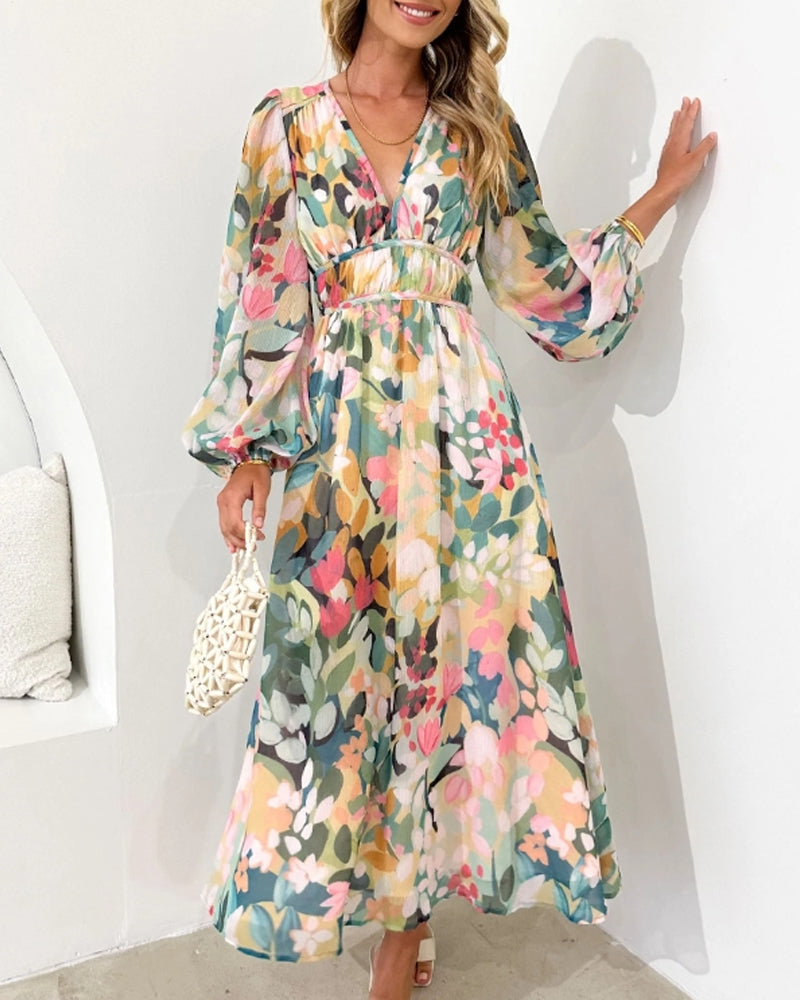 Robe bohème longue femme imprimé floral col V manches longues taille empire