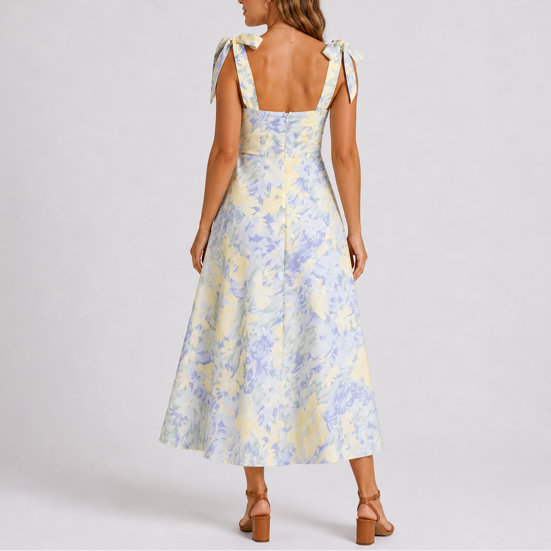 Robe midi femme imprimé floral bretelles nouées col cœur taille froncée
