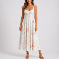 Robe midi femme imprimé floral bretelles nouées col cœur taille froncée