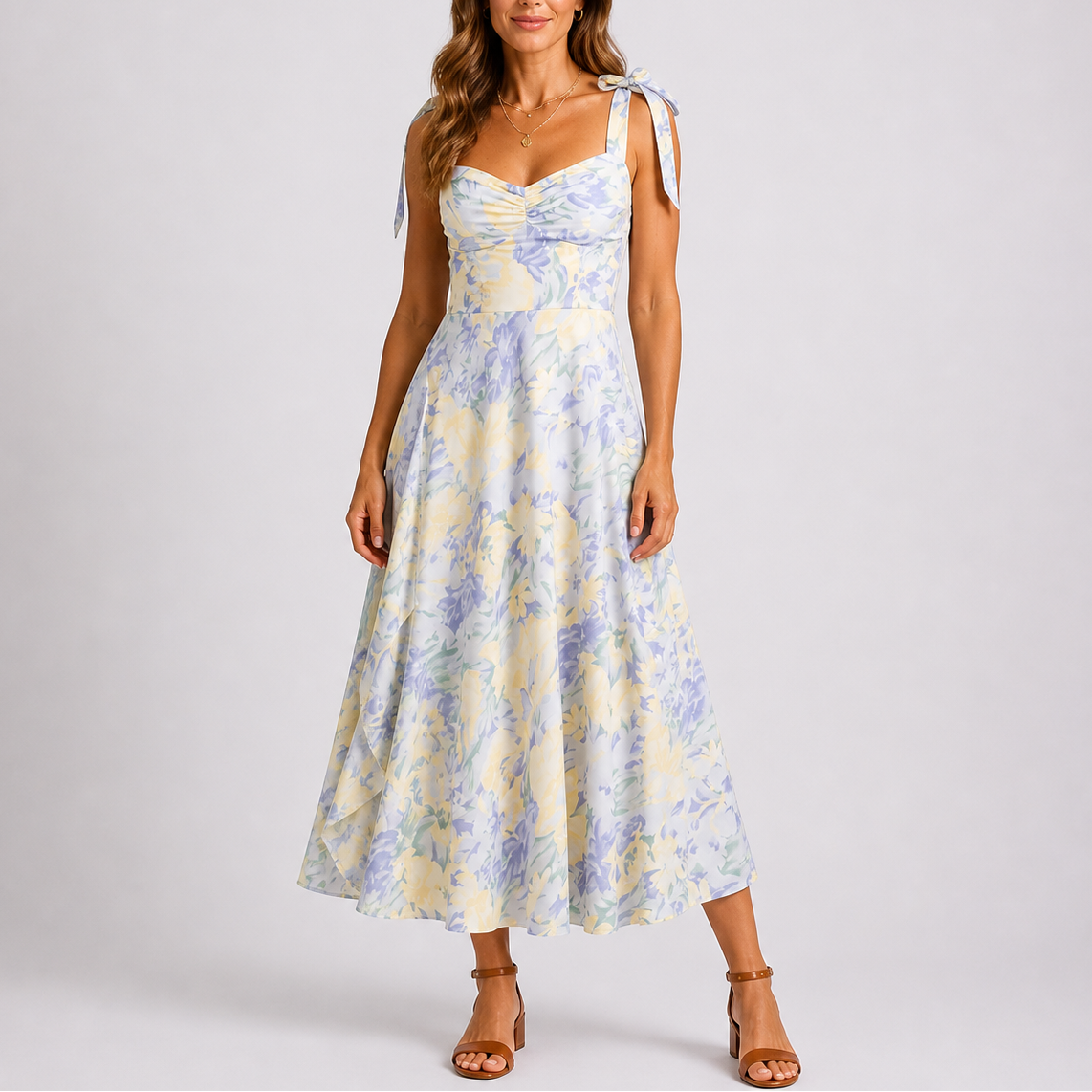 Robe midi femme imprimé floral bretelles nouées col cœur taille froncée