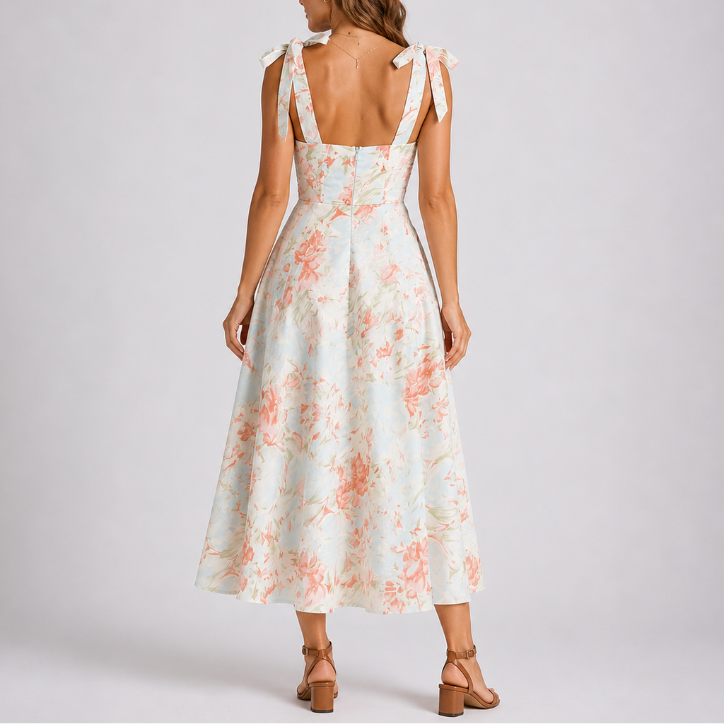 Robe midi femme imprimé floral bretelles nouées col cœur taille froncée