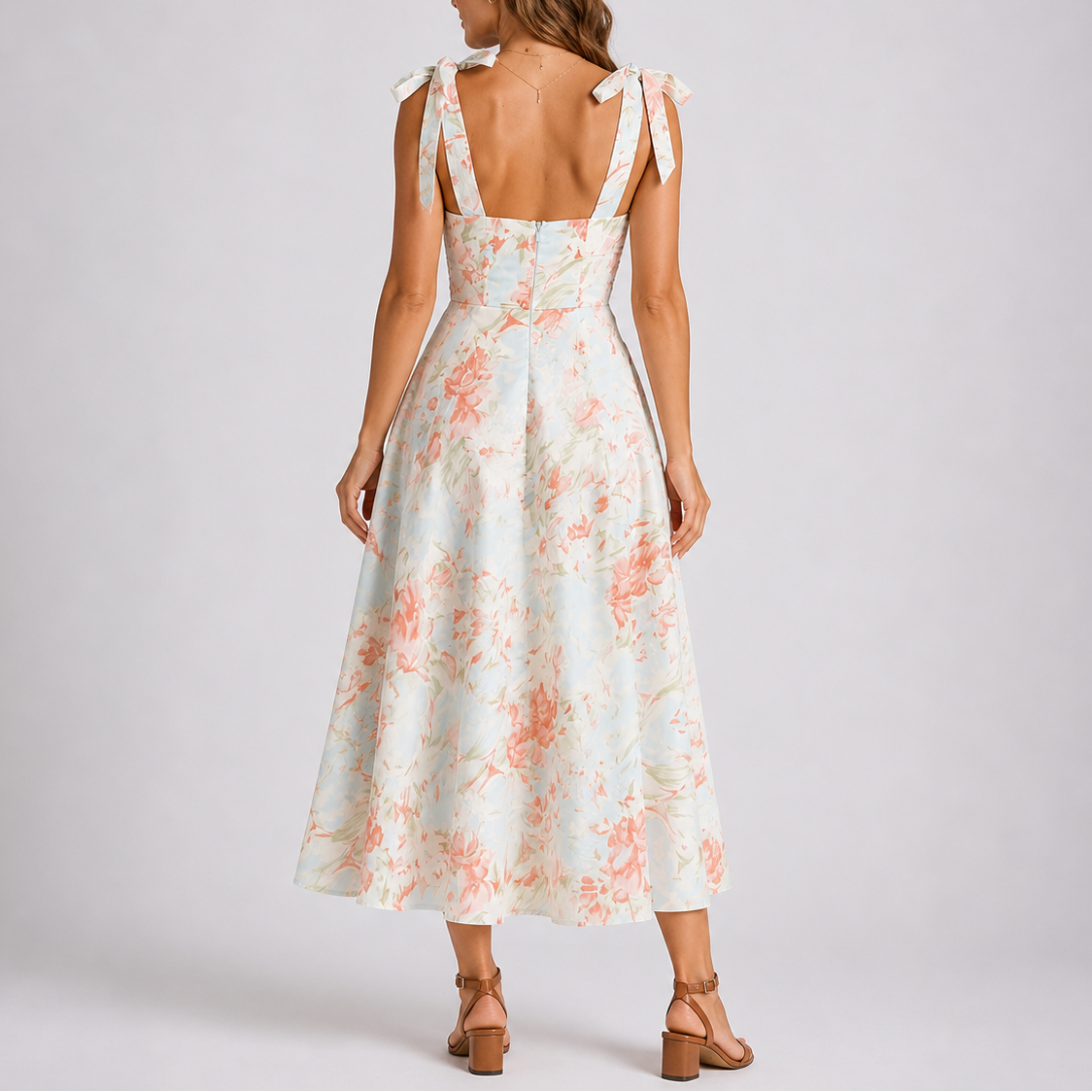 Robe midi femme imprimé floral bretelles nouées col cœur taille froncée