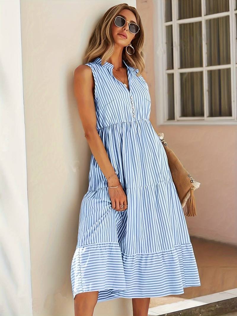 Robe midi sans manches à rayures avec col V et taille empire boutonnée