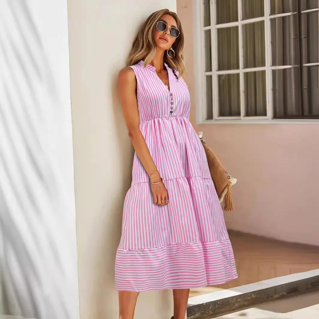 Robe midi sans manches à rayures avec col V et taille empire boutonnée
