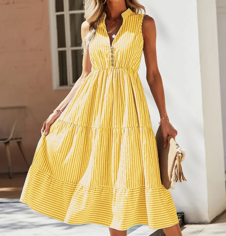 Robe midi sans manches à rayures avec col V et taille empire boutonnée
