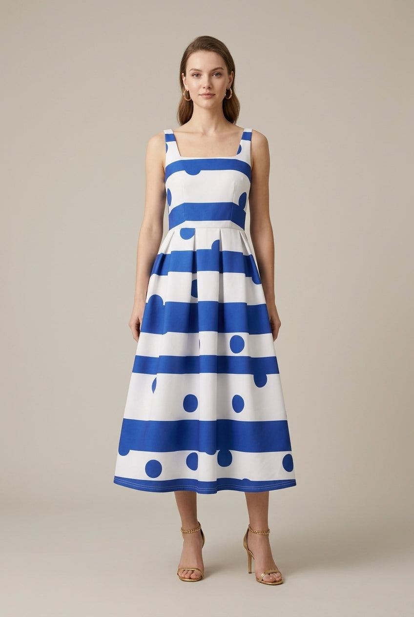 Robe midi femme à bretelles col carré imprimé rayé et pois plissée