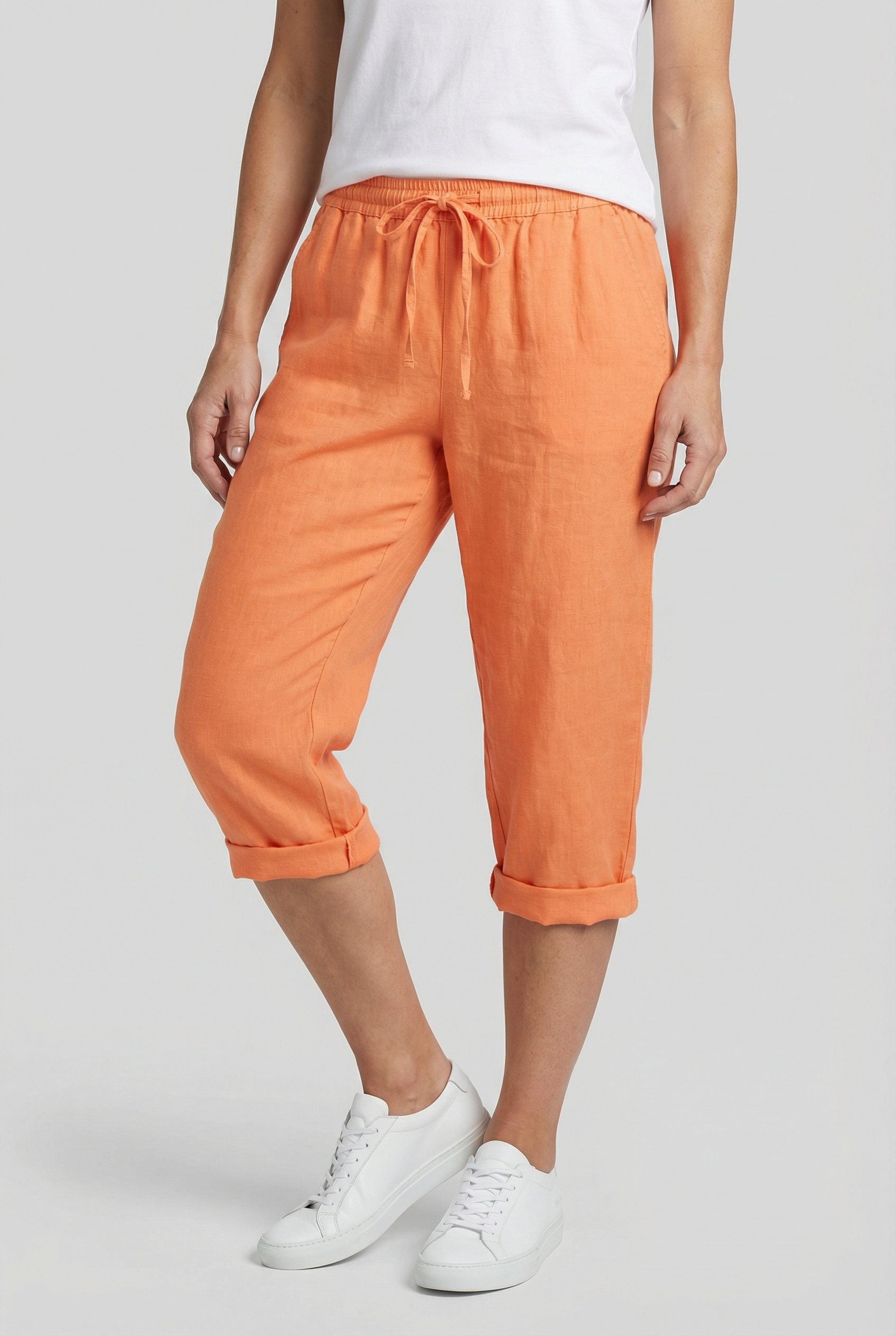 Pantacourt femme en lin taille élastique cordon de serrage poches coupe ample
