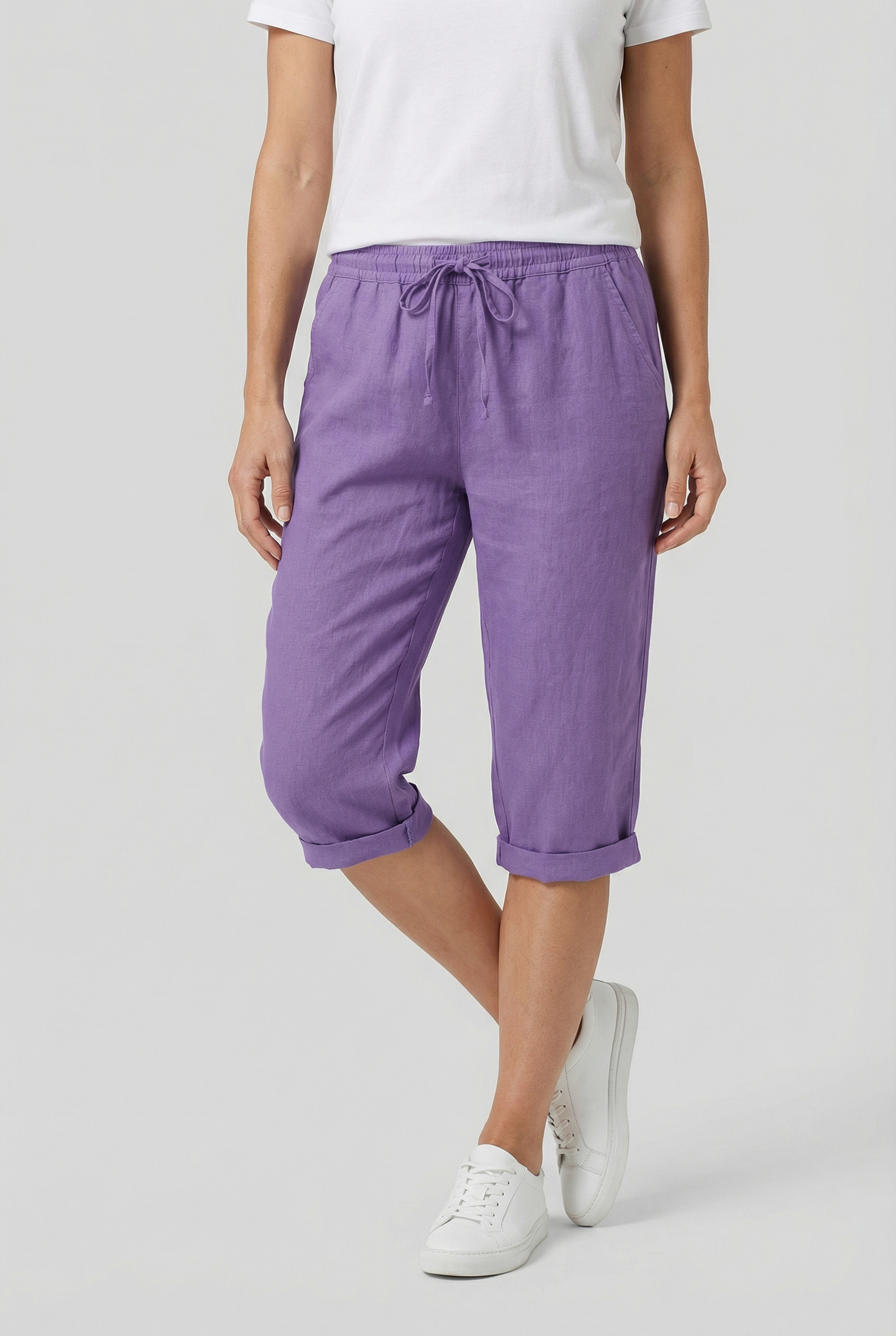 Pantacourt femme en lin taille élastique cordon de serrage poches coupe ample