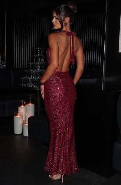 Robe soirée longue sequins dos nu col halter décolleté plongeant femme