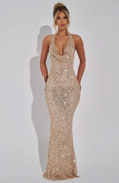 Robe soirée longue sequins dos nu col halter décolleté plongeant femme