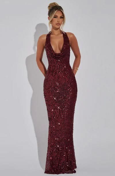 Robe soirée longue sequins dos nu col halter décolleté plongeant femme