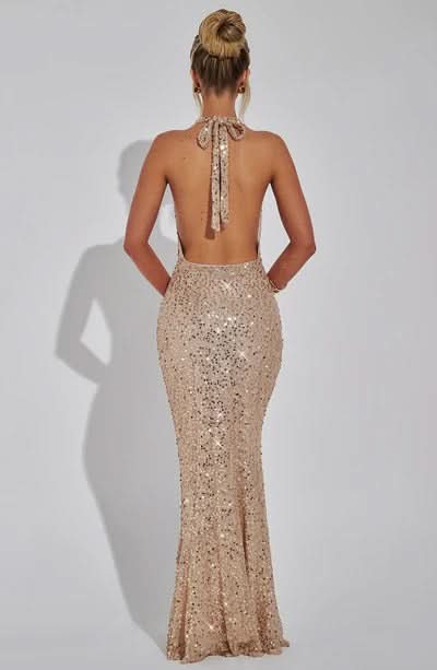 Robe soirée longue sequins dos nu col halter décolleté plongeant femme