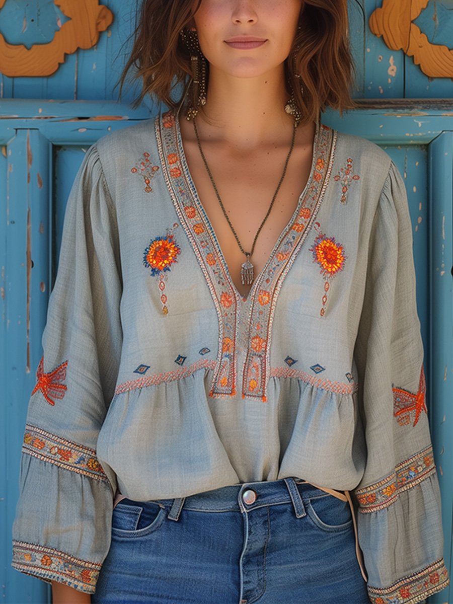 Blouse femme brodée col V manches longues évasées coupe ample bohème