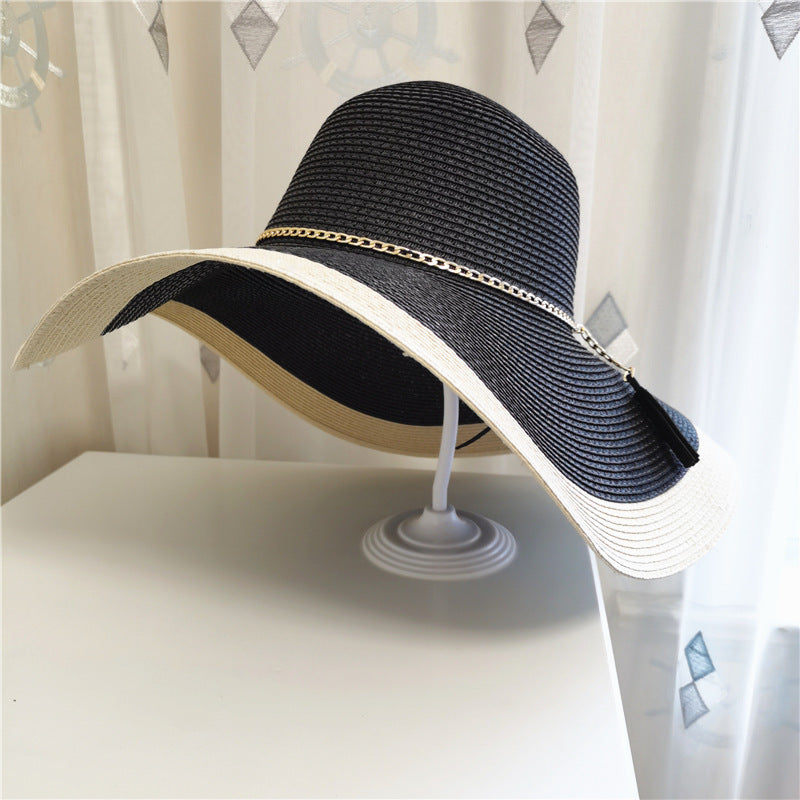 Chapeau soleil femme paille large bord pliable bicolore protection UV plage