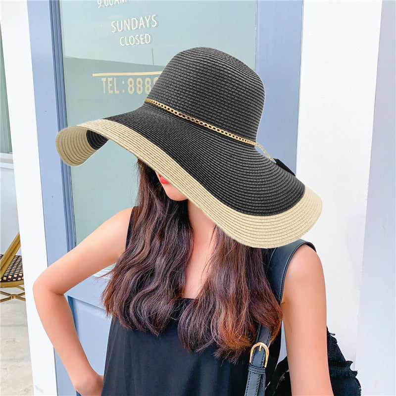 Chapeau soleil femme paille large bord pliable bicolore protection UV plage