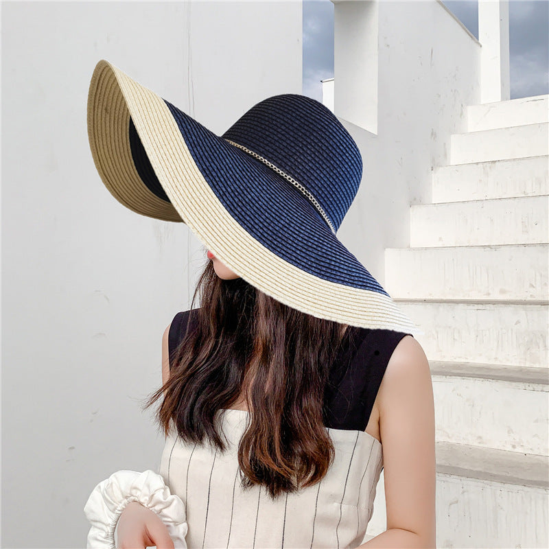 Chapeau soleil femme paille large bord pliable bicolore protection UV plage
