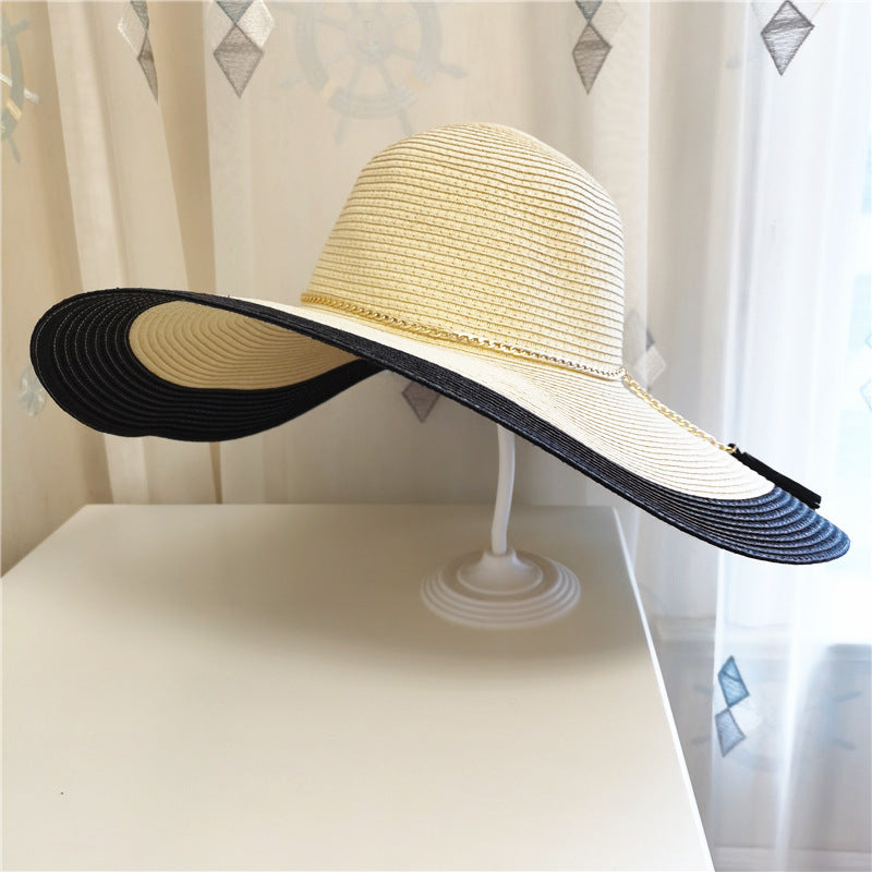 Chapeau soleil femme paille large bord pliable bicolore protection UV plage