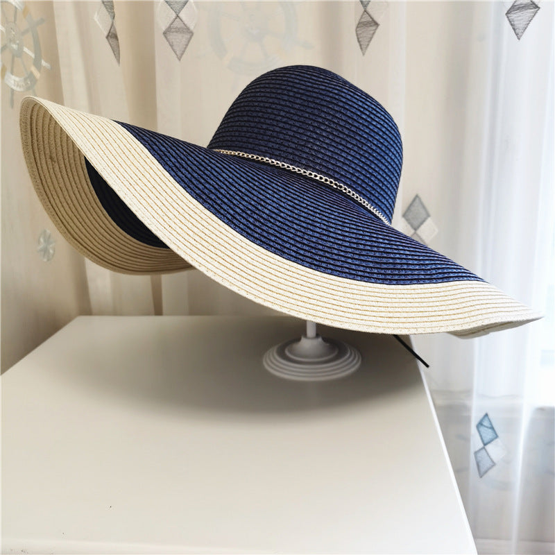 Chapeau soleil femme paille large bord pliable bicolore protection UV plage