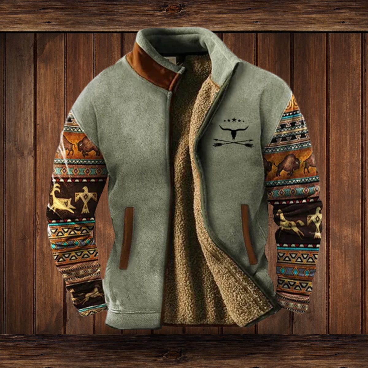 Veste polaire homme doublée sherpa zippée imprimé aztec col montant