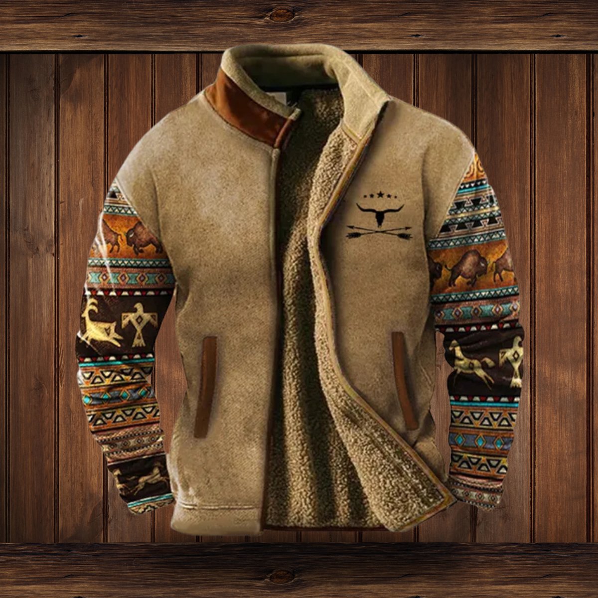 Veste polaire homme doublée sherpa zippée imprimé aztec col montant
