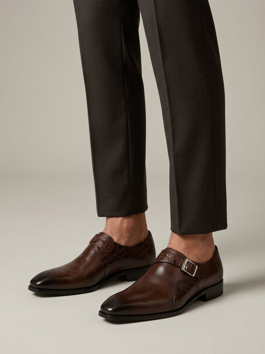 Chaussures habillées homme cuir boucle monk détail brogue effet crocodile