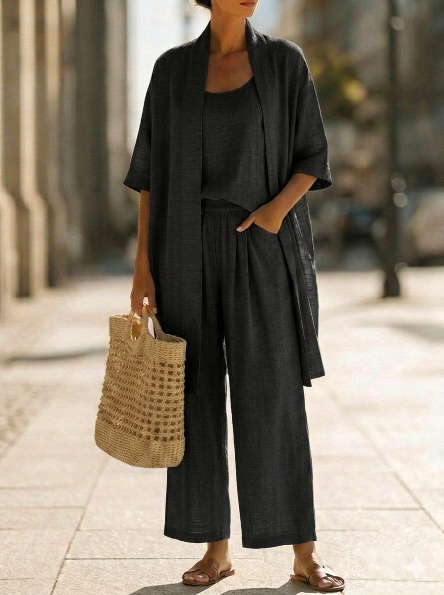 Ensemble femme 3 pièces lin coton pantalon large cardigan débardeur