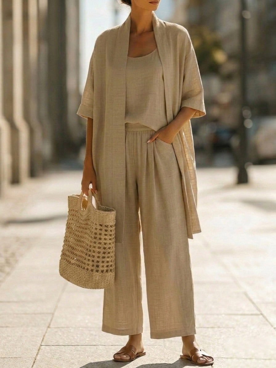 Ensemble femme 3 pièces lin coton pantalon large cardigan débardeur