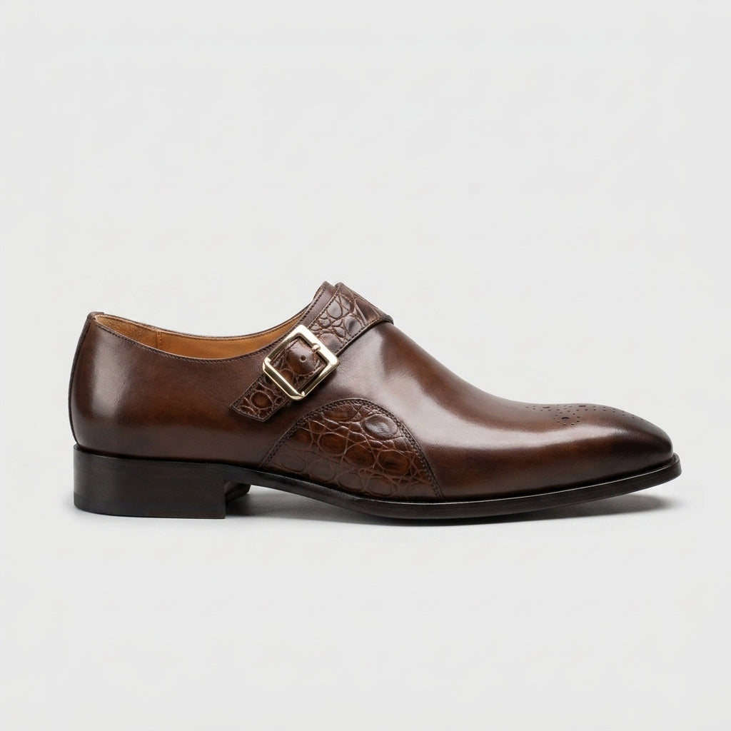 Chaussures habillées homme cuir boucle monk détail brogue effet crocodile