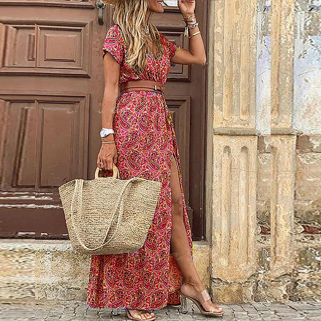 Robe longue fleurie femme col V manches courtes fendue ceinture bohème