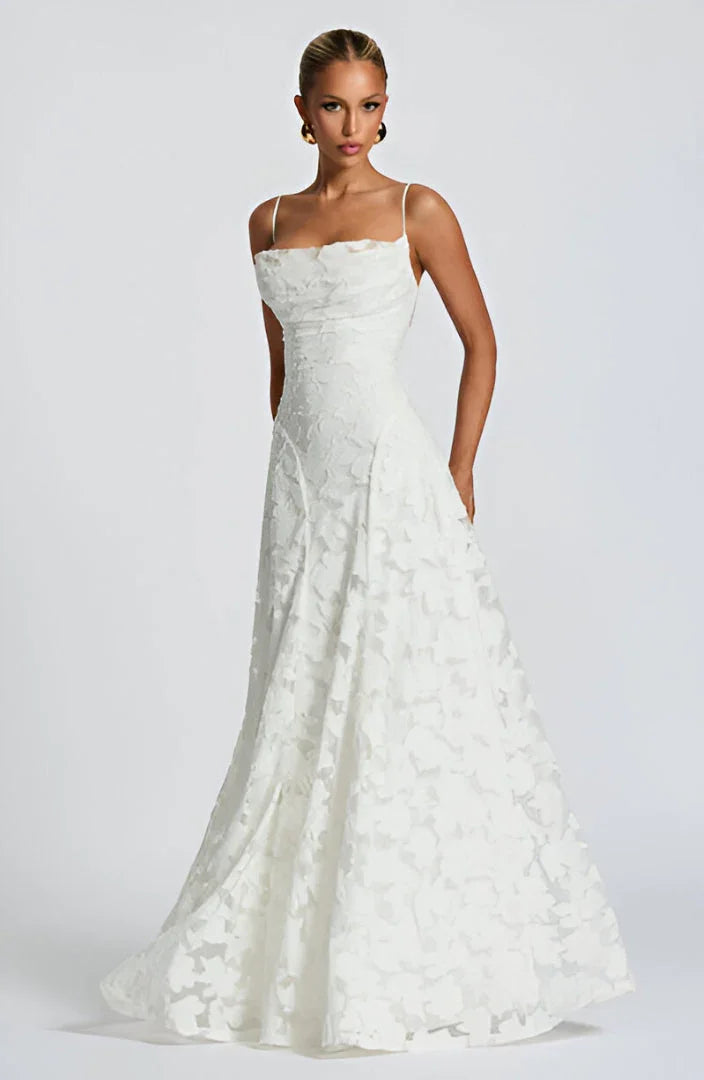 Robe longue femme bretelles fines coupe évasée imprimé floral robe cérémonie élégante