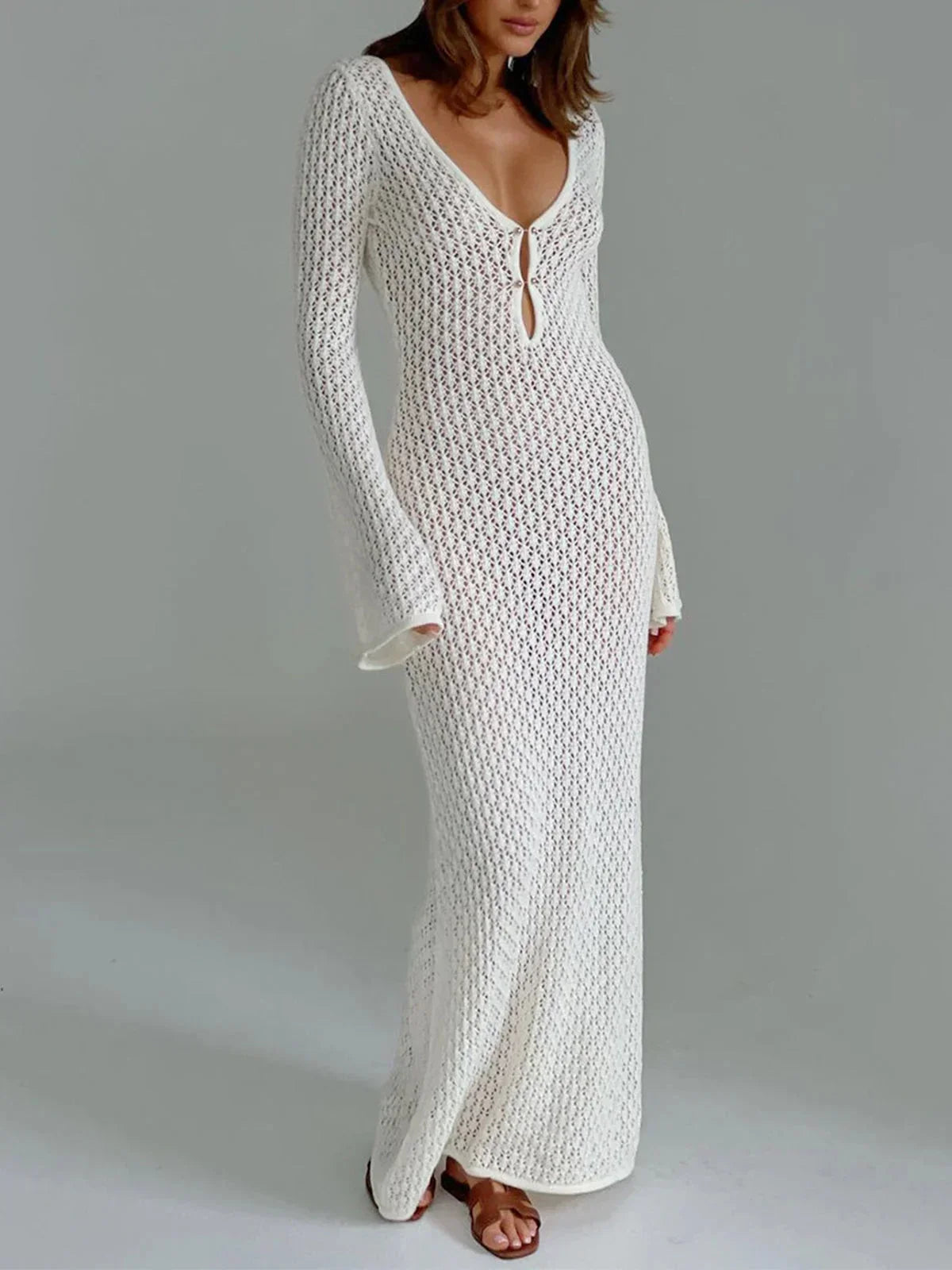 Robe longue crochet femme col V manches longues ajourées moulante plage