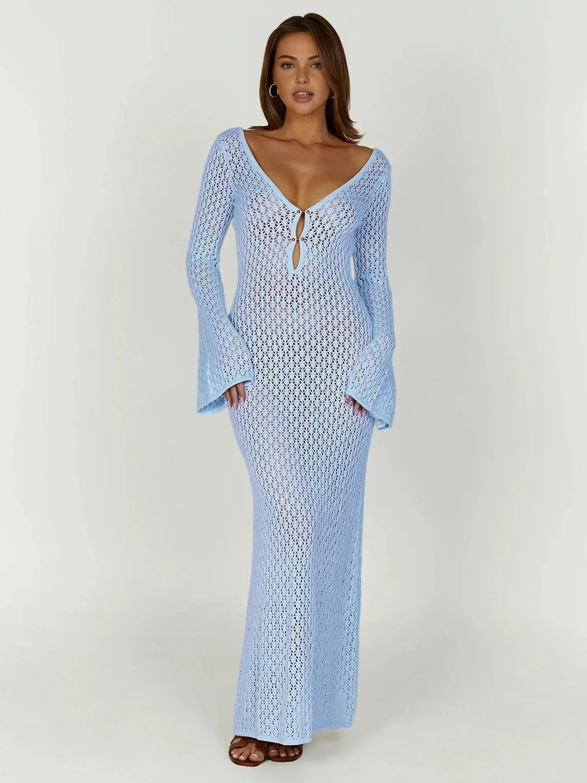 Robe longue crochet femme col V manches longues ajourées moulante plage