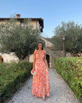 Robe longue fleurie invitée mariage col V volants