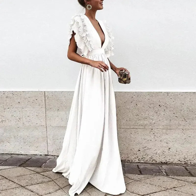 Robe longue invitée mariage fluide col V volants