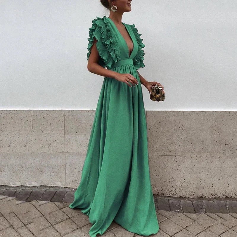 Robe longue invitée mariage fluide col V volants