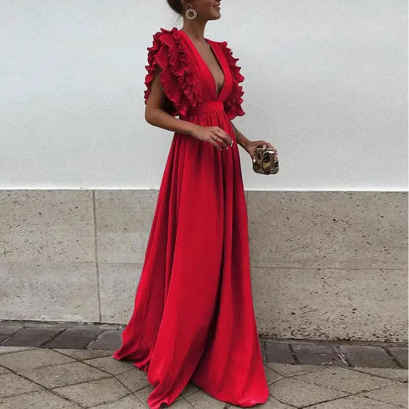 Robe longue invitée mariage fluide col V volants