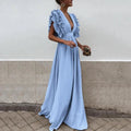 Robe longue invitée mariage fluide col V volants