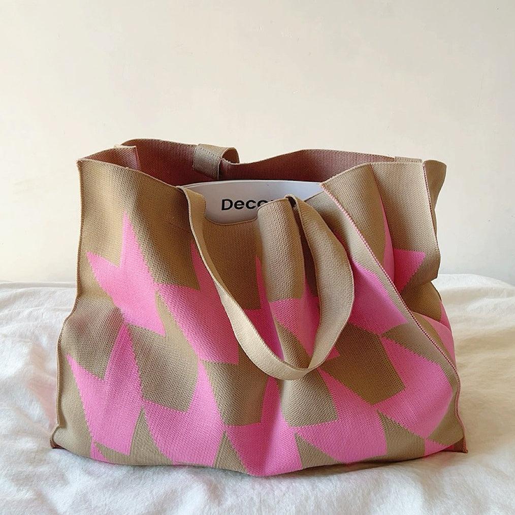 Sac cabas femme grand format imprimé géométrique tricoté porté épaule shopper