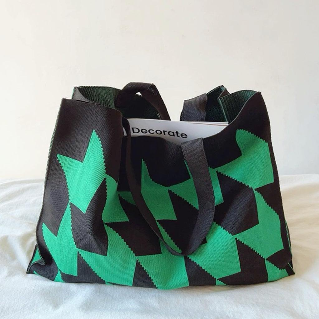 Sac cabas femme grand format imprimé géométrique tricoté porté épaule shopper